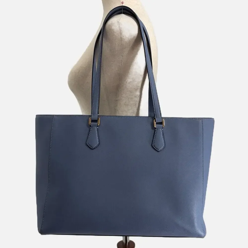 Tory Burch Robinson Saffiano Leather Tote Bluewood Triple Compartment Work Bag